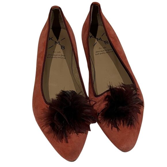 KMB Women's Dark Pink Suede Pointed Toe Ballet Flats with Feathers Size 36 - Picture 1 of 8
